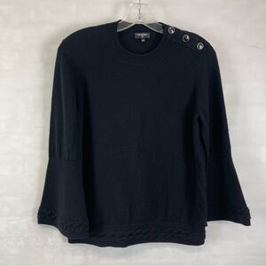 CHANEL 14P Black 100% Cashmere Sweater CC Button Detail‎ Flared Sleeve Size 36